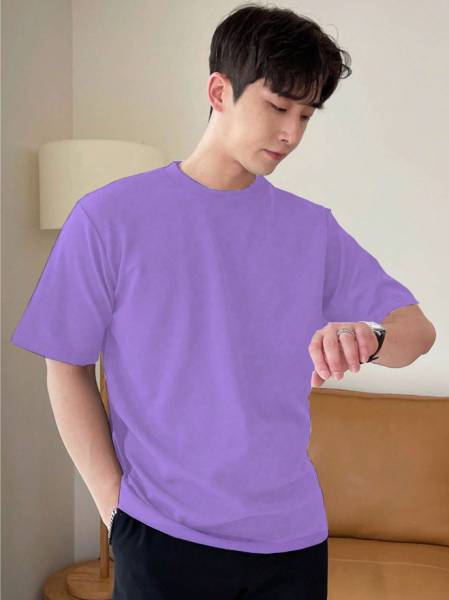 AJOLLI Solid Men Round Neck Purple T-Shirt