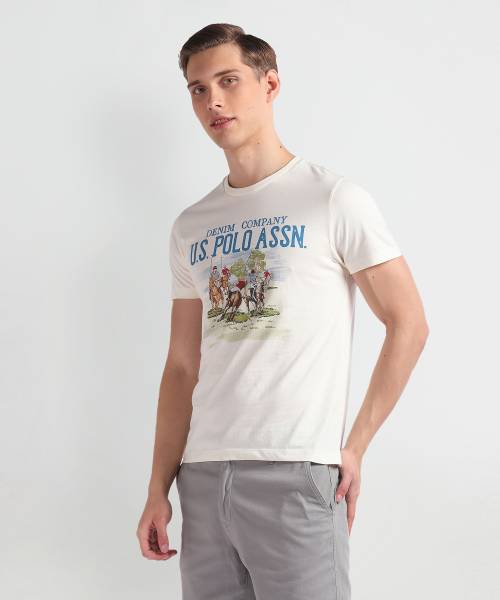 U.S. POLO ASSN. Printed Men Round Neck White T-Shirt