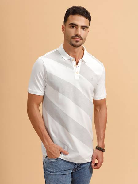 WROGN Striped Men Polo Neck White T-Shirt