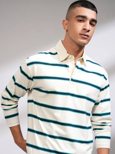 HIGHLANDER Striped Men Polo Neck White T-Shirt