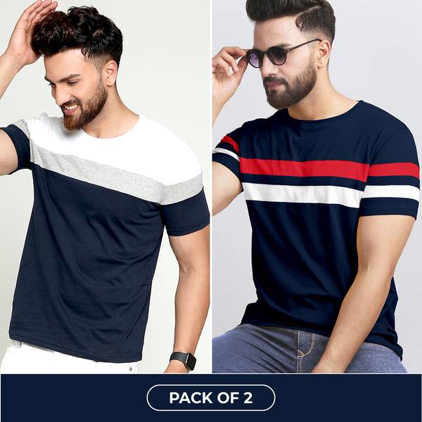 AUSK Colorblock Men Round Neck Blue, White, Red T-Shirt