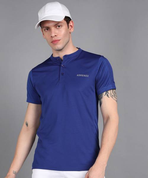 Adrenex Solid Men Henley Neck Light Blue T-Shirt