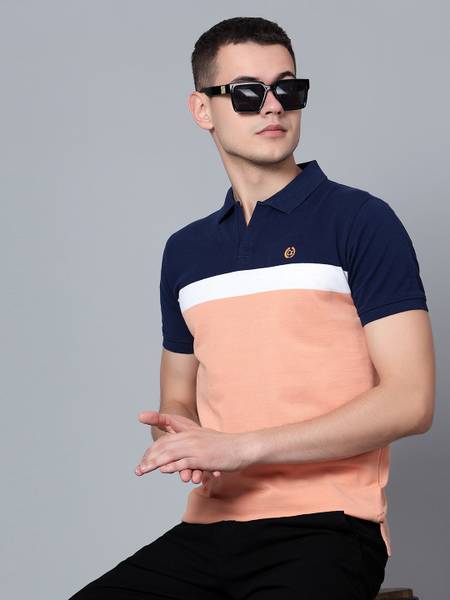 CANTABIL Colorblock Men Polo Neck Navy Blue T-Shirt