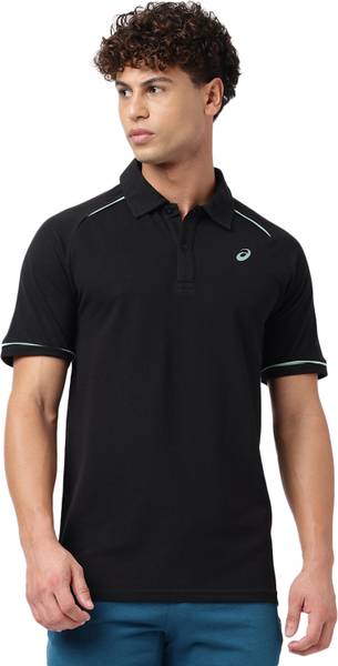 Asics Solid Men Polo Neck Black T-Shirt