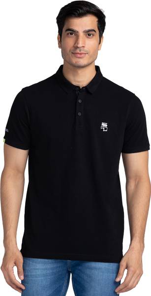 Spykar Solid Men Polo Neck Black T-Shirt