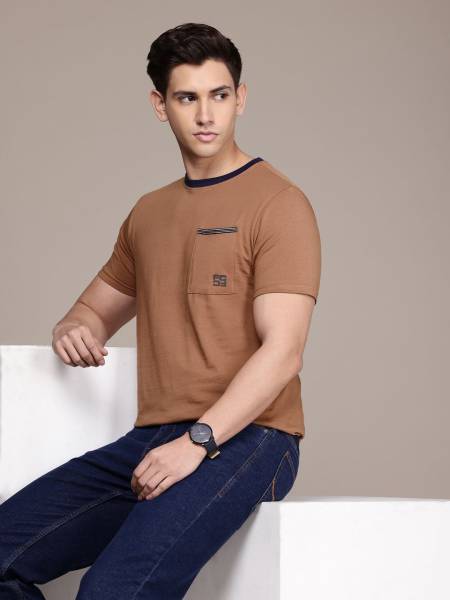 French Connection Solid Men Round Neck Brown T-Shirt