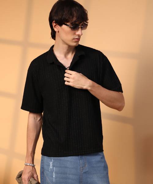 CAMPUS SUTRA Self Design Men Polo Neck Black T-Shirt