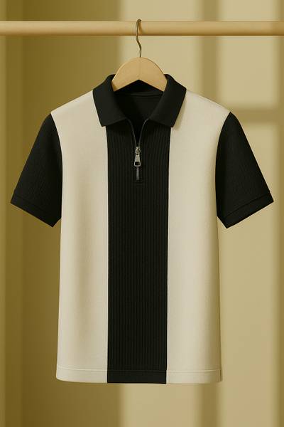 Try This Colorblock Men Polo Neck White, Dark Blue T-Shirt
