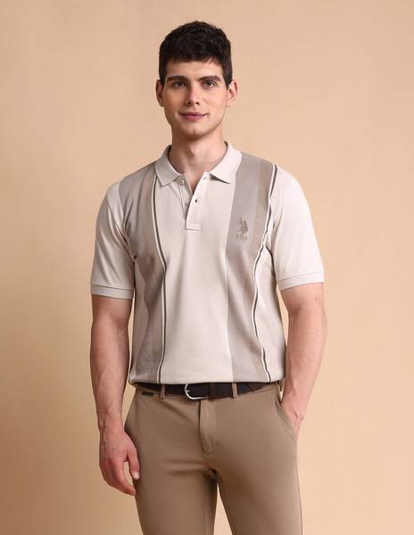 U.S. POLO ASSN. Colorblock Men Polo Neck Beige T-Shirt