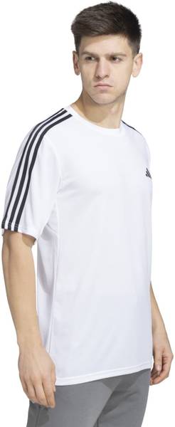 ADIDAS Solid, Striped Men Round Neck White T-Shirt