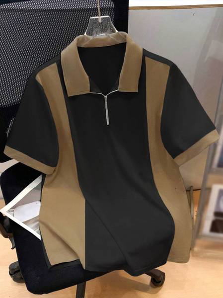 Try This Self Design Men Zip Neck Black, Brown T-Shirt