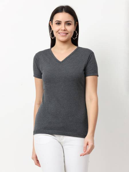 Wafaa Solid Women V Neck Grey T-Shirt