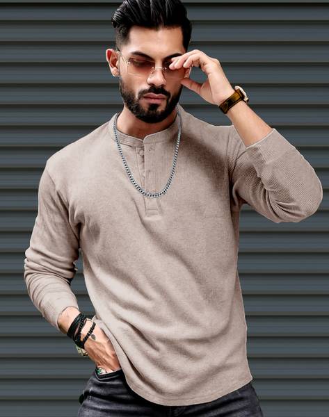 Force Solid Men Henley Neck Beige T-Shirt