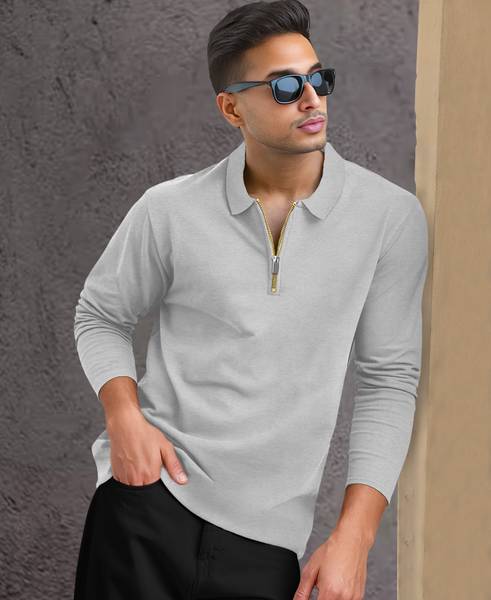 TRIPR Solid Men Polo Neck Grey T-Shirt