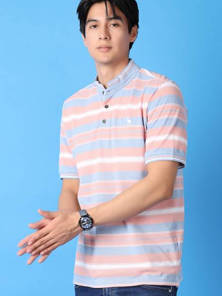 V-MART Striped Men Polo Neck Blue T-Shirt