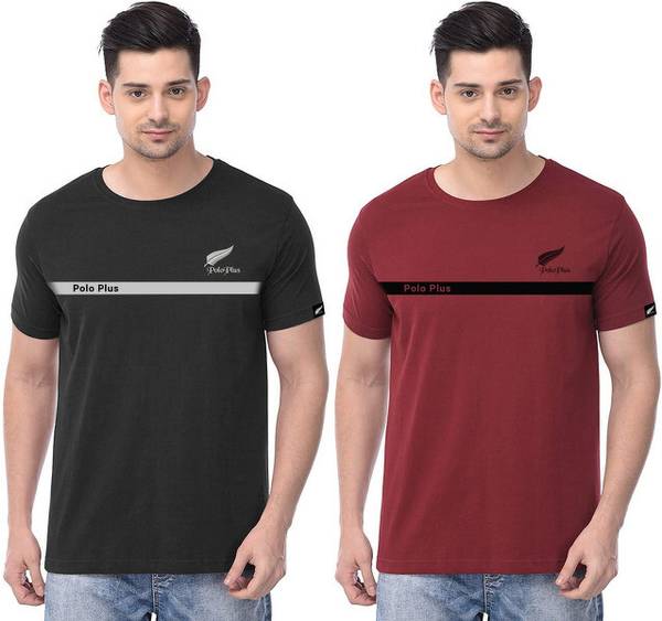 Polo Plus Self Design Men Round Neck Black, Maroon T-Shirt