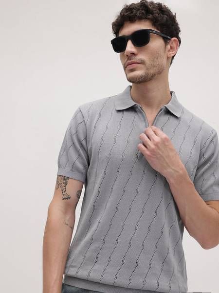 Roadster Self Design Men Polo Neck Grey T-Shirt