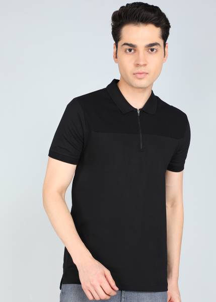 FLYING MACHINE Self Design Men Polo Neck Black T-Shirt