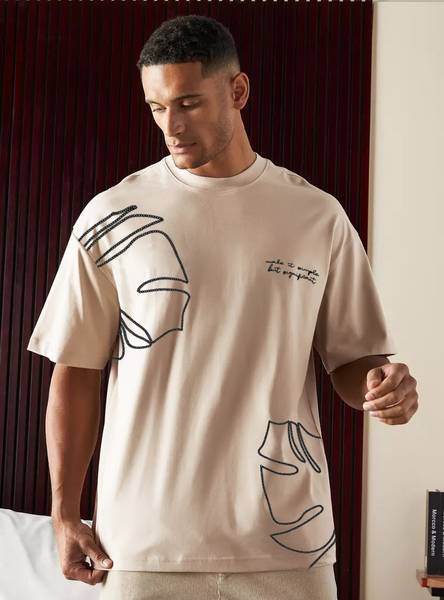 Jump Cuts Printed Men Round Neck Beige T-Shirt