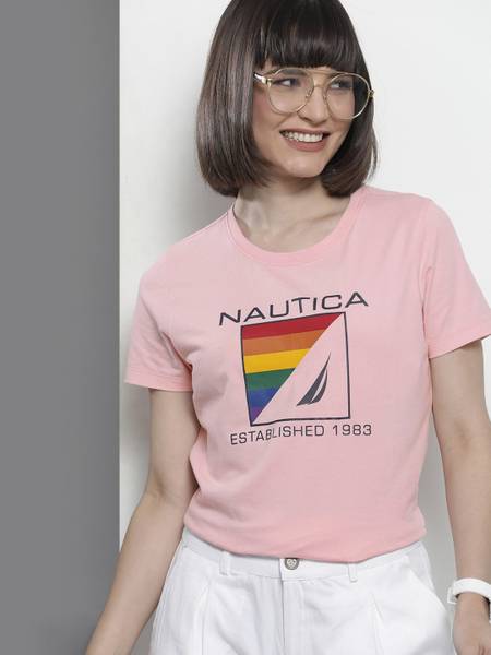 NAUTICA Printed, Typography Women Round Neck Pink T-Shirt