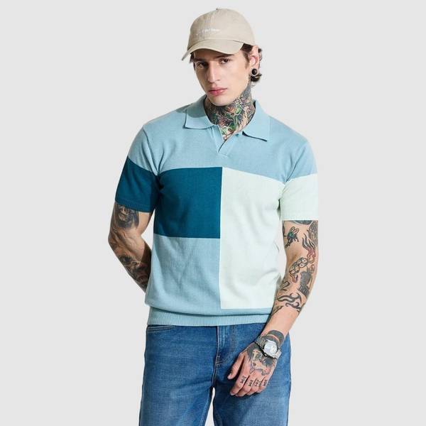 Snitch Colorblock Men Polo Neck Light Blue T-Shirt