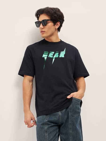 THE BEAR HOUSE Self Design Men Round Neck Black T-Shirt