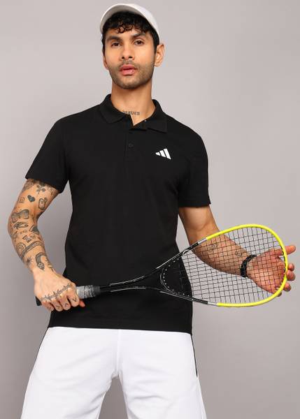 ADIDAS Solid Men Polo Neck Black T-Shirt