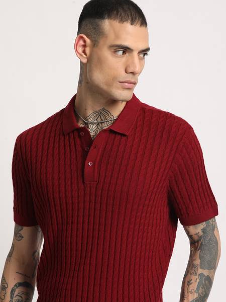 THE BEAR HOUSE Solid Men Polo Neck Maroon T-Shirt