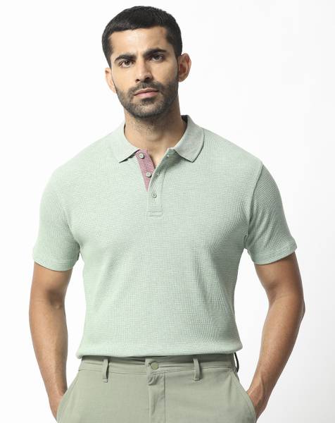 RARE RABBIT Striped Men Polo Neck Green T-Shirt