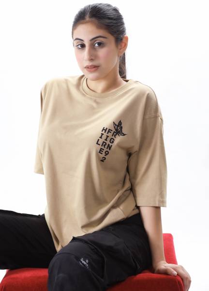 HILFIRE REGION Typography Women Round Neck Beige T-Shirt