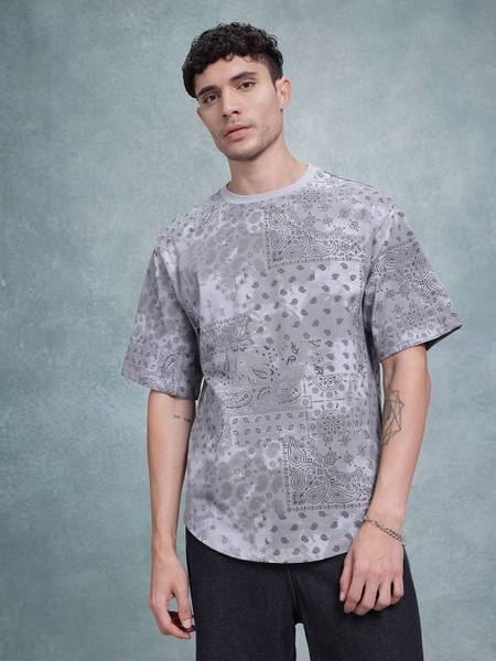 Roadster Printed Men Round Neck Grey T-Shirt