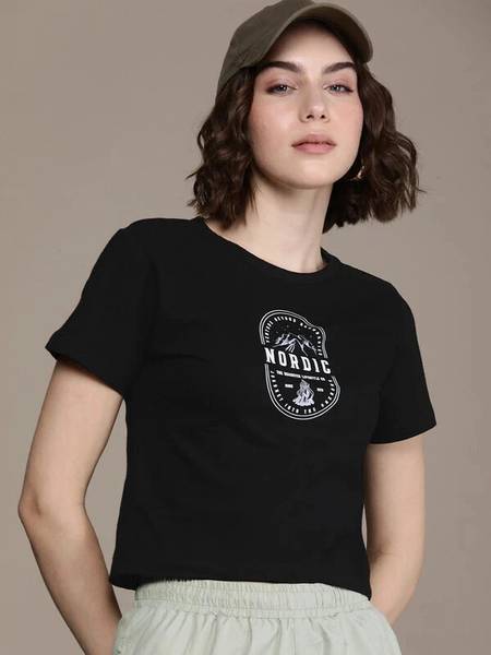 Roadster Printed Women Round Neck Black T-Shirt