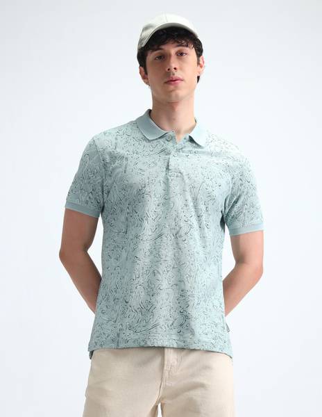 FLYING MACHINE Abstract Men Polo Neck Blue T-Shirt