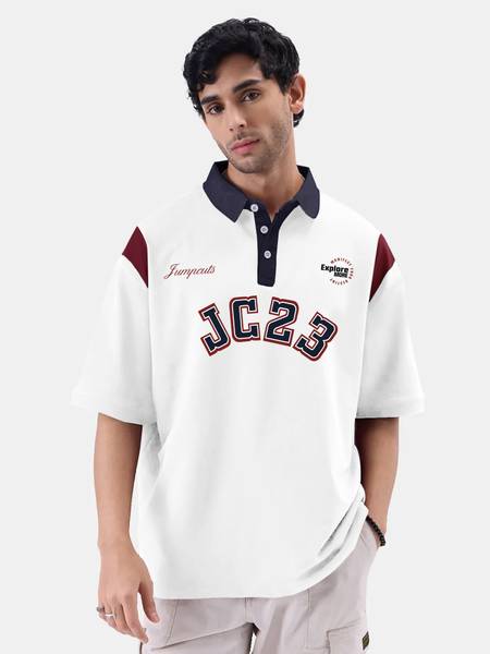 Jump Cuts Printed Men Polo Neck White T-Shirt