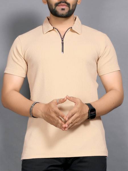 sti Self Design Men Zip Neck Beige T-Shirt