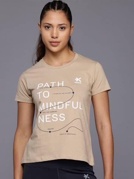 HRX by Hrithik Roshan Printed Women Round Neck Beige T-Shirt