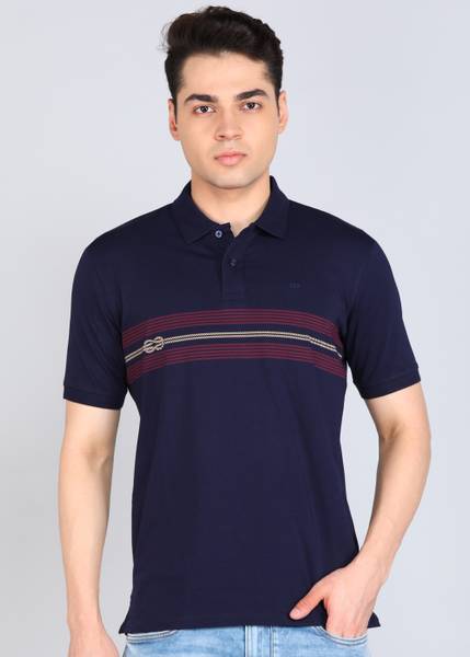 PETER ENGLAND Striped Men Polo Neck Blue T-Shirt