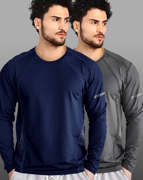 EyeBogler Solid Men Round Neck Navy Blue, Grey T-Shirt