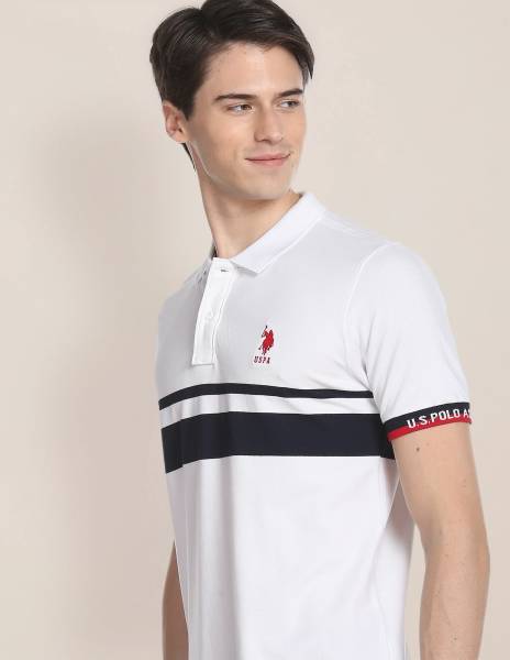 U.S. POLO ASSN. Striped Men Polo Neck White T-Shirt