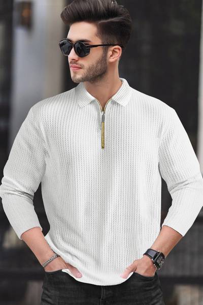 TRIPR Solid Men Polo Neck White T-Shirt