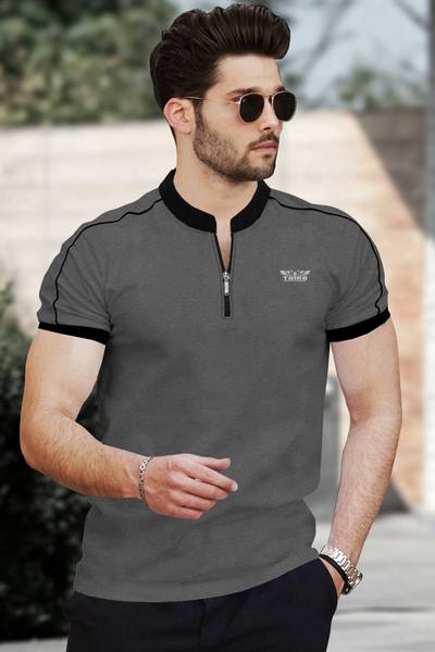TRIPR Solid Men Mandarin Collar Grey, Black T-Shirt