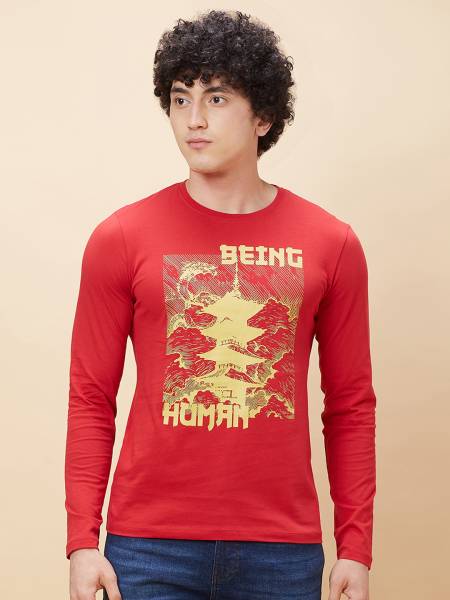 BEING HUMAN Printed, Typography Men Round Neck Red T-Shirt