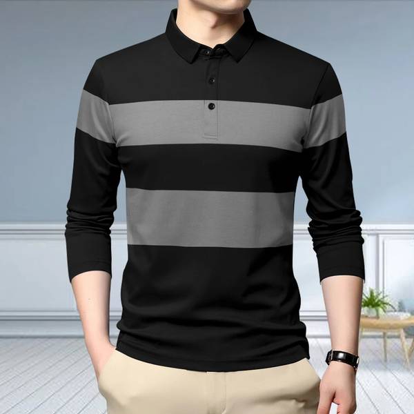 GARBLY Striped Men Polo Neck Black T-Shirt