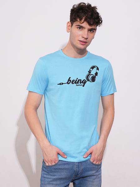 BEING HUMAN Printed Men Crew Neck Blue T-Shirt