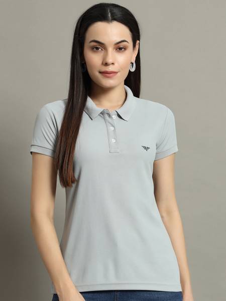 RISS Solid Women Polo Neck Grey T-Shirt