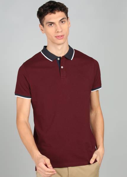 JACK & JONES Solid Men Polo Neck Maroon T-Shirt