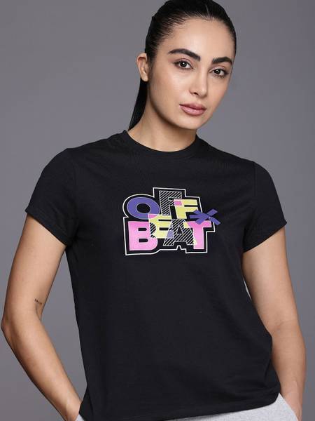 HRX by Hrithik Roshan Printed Women Round Neck Black T-Shirt