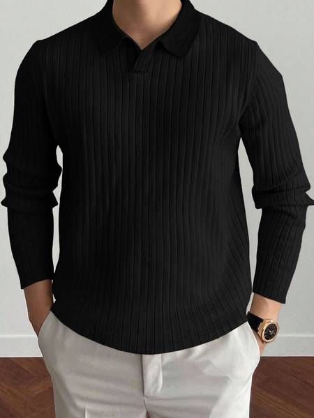 EyeBogler Striped Men Polo Neck Black T-Shirt
