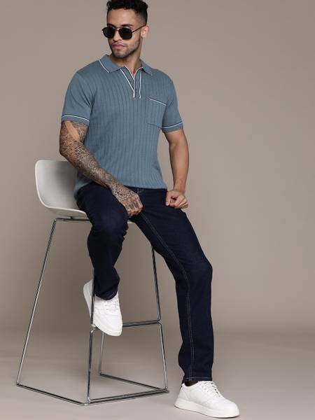 Roadster Self Design Men Polo Neck Blue T-Shirt