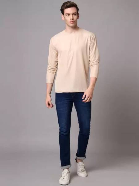 Expert Choice Solid Men Round Neck Beige T-Shirt